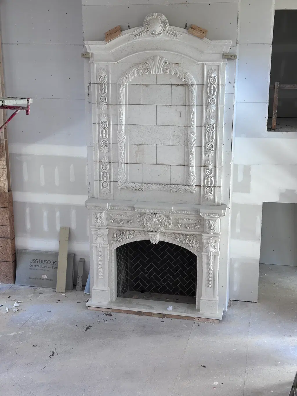 Identical 20 Foot Tall Overmantels in Italian Bianco Perlino…