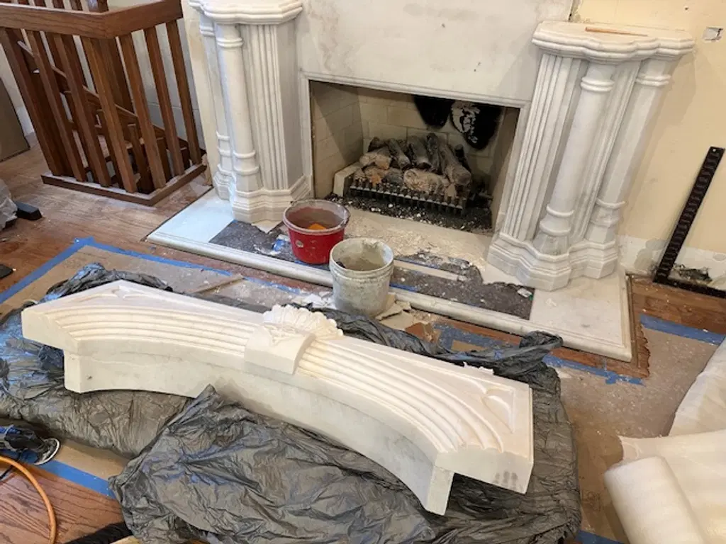 Custom Marble Balustrade System & Tudor Style Marble Mantel
