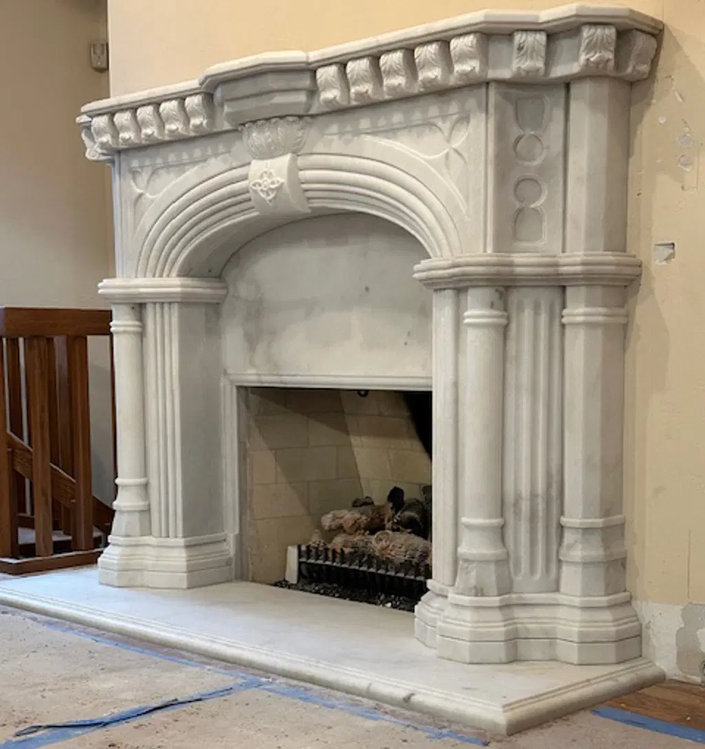 Custom Marble Balustrade System & Tudor Style Marble Mantel
