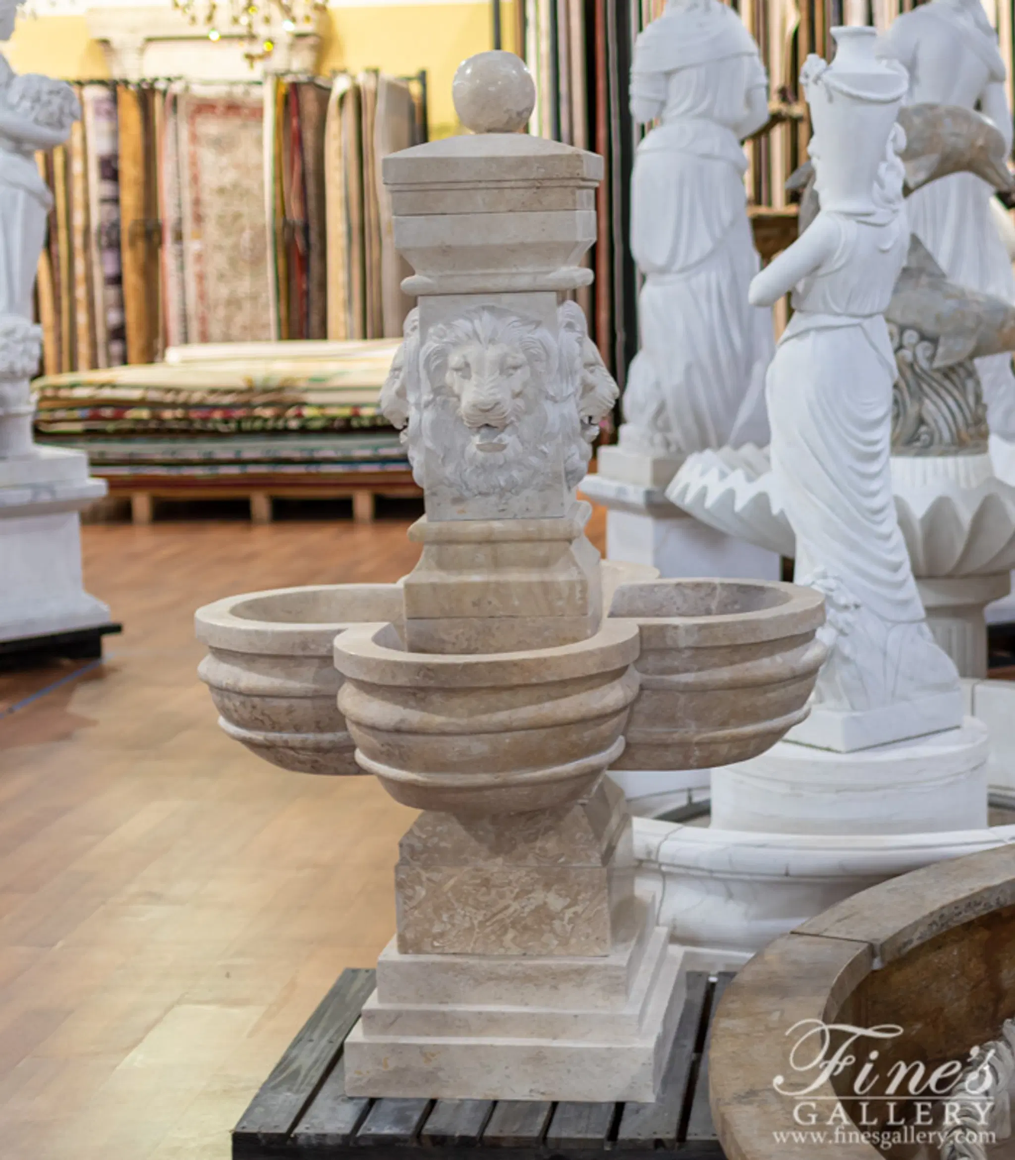 Italian Villa Lion Heads Marble Fountain — Model MF-1761 — Hand-Crafted by Fine's Gallery