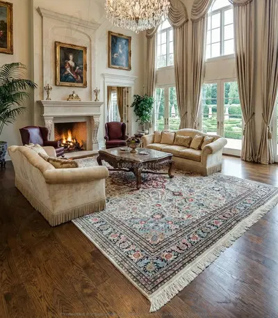 Hand Knotted Silk Rug Rectangle - Ivory with Blue, Green and Red Accents - 9'11" x 13'9"