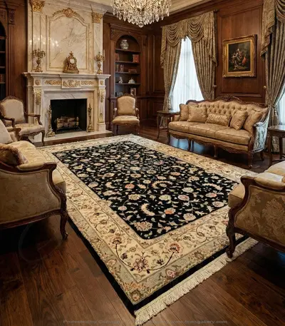 Traditional Black Hand-Knotted Wool Rug with Coral and Cream Pattern - Rectangle Area Rug