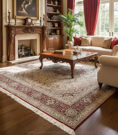 Hand Knotted Silk Rug Rectangle - Red and Ivory with Blue and Gold Accents - Luxury Home Decor