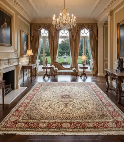 Hand Knotted Silk Traditional Rectangle Rug - Ivory Taupe with Red Border