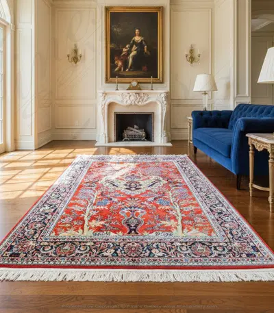 Chinese Red Hand Knotted Silk Rug with Royal Blue Border - Tree of Life & Birds Design - Rectangular Area Rug