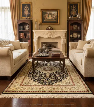 Indigo Gold Hand Knotted Silk Rug Rectangle with Red Accents - Luxury Area Rug