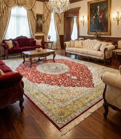 Hand Knotted Silk Rug Rectangle - Vibrant Red, Yellow, Blue & Coral Design - Luxury Home Decor