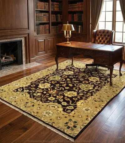 Hand Knotted Wool Rug Rectangle - Ruby Red and Gold with Green Accents - Traditional Design