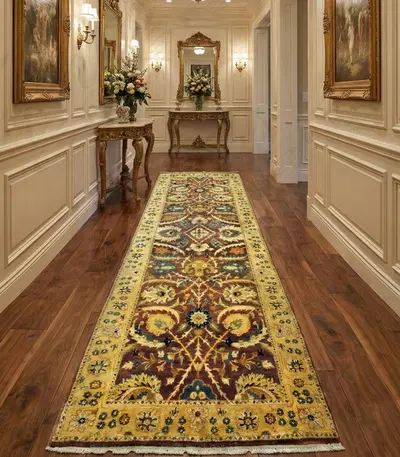 Hand Knotted Wool Runner Rug - Rust with Blue and Gold Accents - Traditional Design