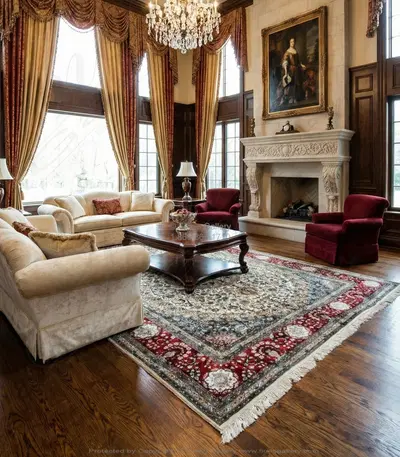 Hand Knotted Silk Rug Rectangle - Ivory with Gold Medallion and Red Border - Luxury Oriental Area Rug