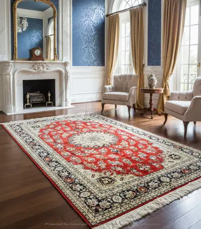 Hand Knotted Silk Rug Rectangle - Red, Gold, Ivory and Indigo Luxury Area Rug