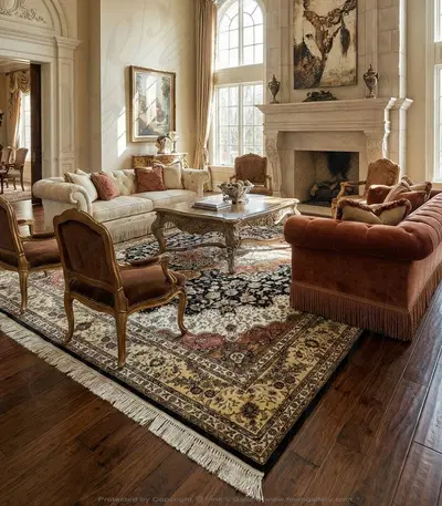 Hand Knotted Silk Rug - Deep Indigo and Rich Salmon Rectangular Area Rug - Luxury Home Decor