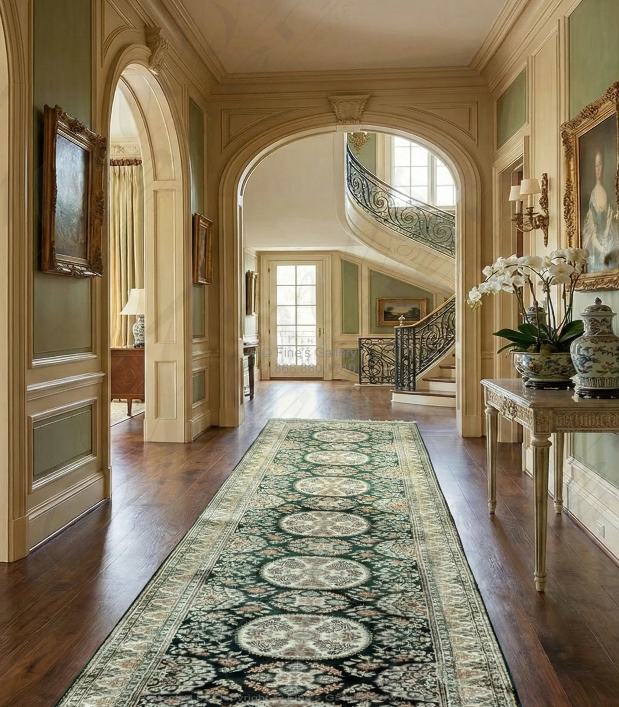 Hand Knotted Silk Rug Runner - Green with Ivory & Salmon Accents - Luxury Home Decor