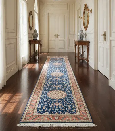 Hand Knotted Silk Runner Rug - Bright Blue with Pink Border - Luxury Oriental Carpet