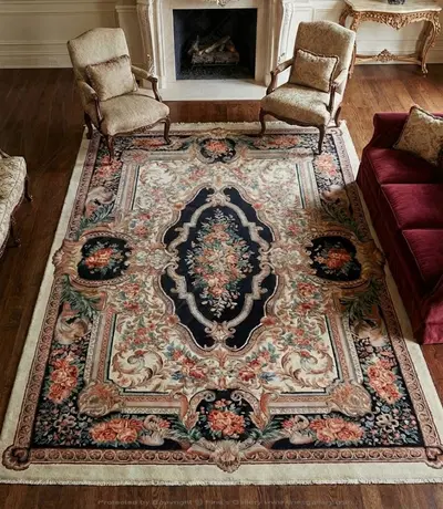 Hand Knotted Wool Rug Rectangle - Mauve Red & Ivory with Black Border and Classic Medallion Center