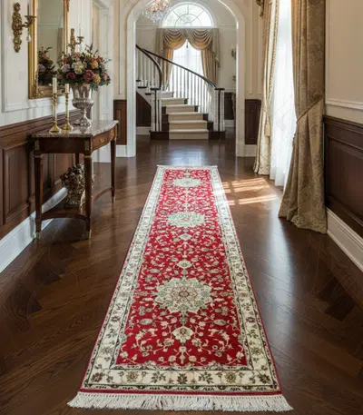Hand Knotted Silk Rug Runner - Red and Ivory with Gold and Blue Accents - Luxury Home Decor