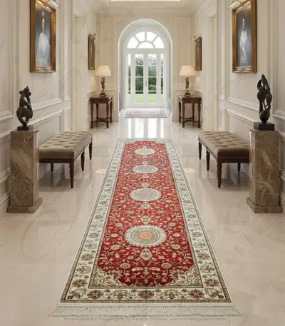 Hand Knotted Silk Runner Rug - Red with Ivory Border - Luxury Oriental Carpet