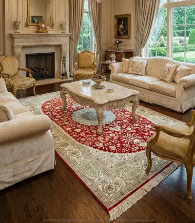 Hand Knotted Silk Traditional Rectangle Rug - Red Ivory Gold Green Pattern