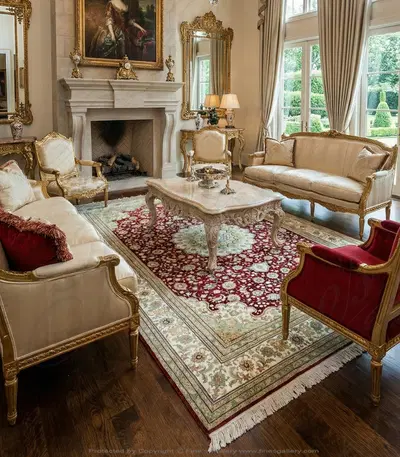 Hand Knotted Silk Rug Rectangle - Red and Ivory with Green and Aqua Accents - Luxury Area Rug