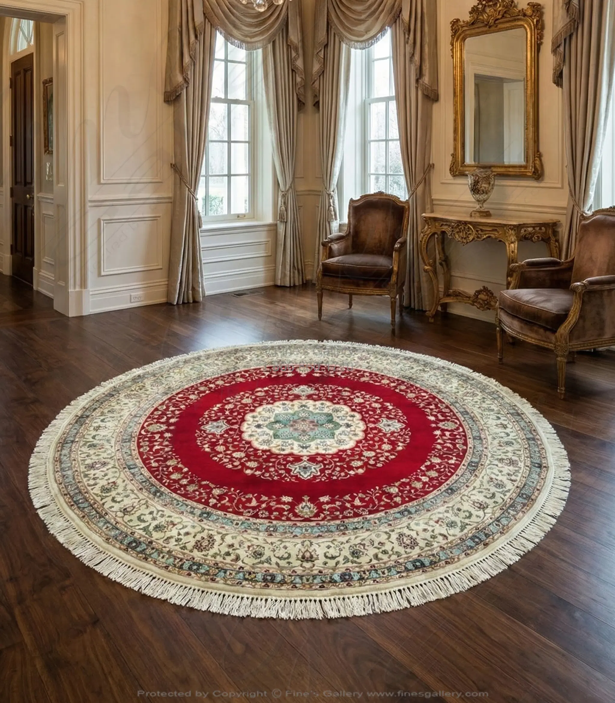 Hand Knotted Silk Round Rug - Dark Magenta with Cream & Aqua Border - Luxury Home Decor