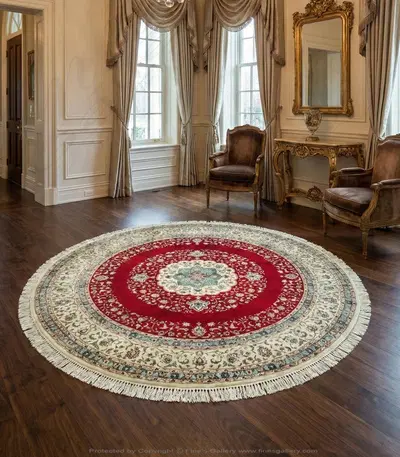 Hand Knotted Silk Round Rug - Dark Magenta with Cream & Aqua Border - Luxury Home Decor