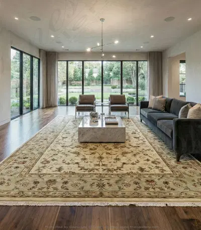Hand-Knotted Wool & Silk Traditional Rectangle Rug - Ivory with Pale Celery Border