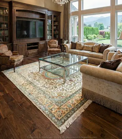 Hand-Knotted Silk Rectangle Rug - Coral, Ivory & Aqua Accent Design - Luxury Home Decor