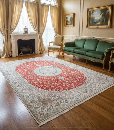 Hand Knotted Silk Rug Rectangle - Bold Red with Ivory Border and Blue Accents - Luxury Home Decor