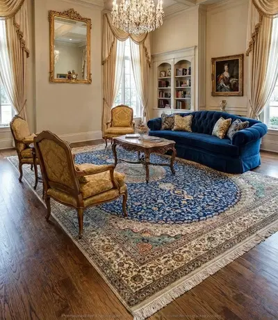Hand Knotted Silk Rug Rectangle - Royal Blue and Ivory with Salmon and Green Accents - Luxury Area Rug