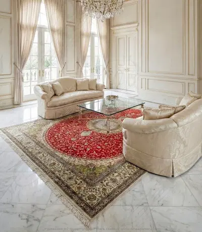 Hand Knotted Silk Rug Rectangle - Red and Ivory with Gold Accents - Luxury Area Rug