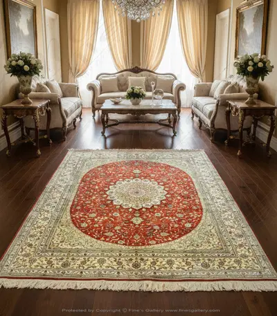 Hand Knotted Silk Rug Rectangle - Red, Ivory, Green with Yellow Border - Luxury Oriental Design