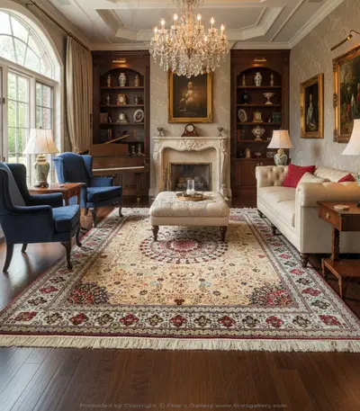 Coral Hand-Knotted Silk Rug Rectangle with Red and Green Accents - Luxury Area Rug