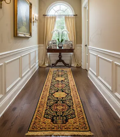 Hand Knotted Silk Rug Runner - Luxury Black, Gold and Red Design - Traditional Oriental Pattern