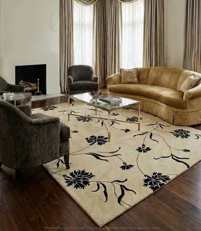 8' x 11' Beige Hand Knotted Wool Rug with Black Floral Silk Pattern - Luxury Rectangle Area Rug