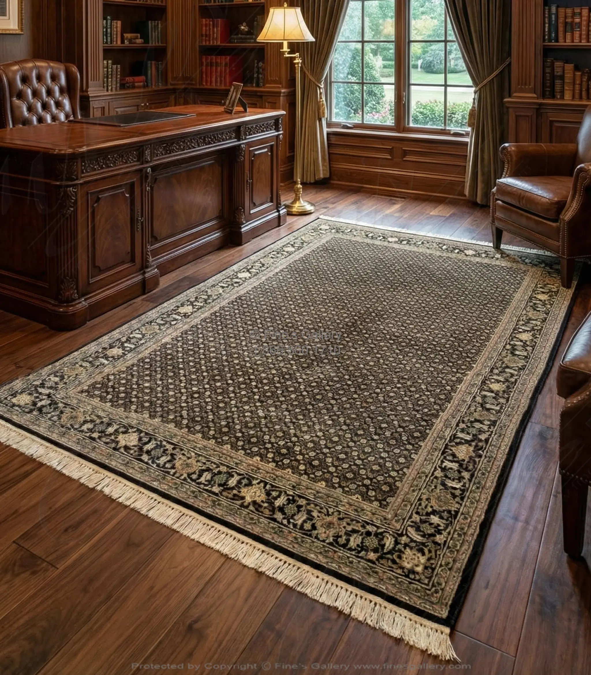 Black Wool Area Rug with Silk Highlights - Red & Ivory Accents - Rectangular Pattern