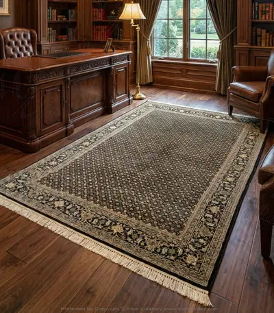 Black Wool Area Rug with Silk Highlights - Red & Ivory Accents - Rectangular Pattern