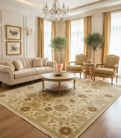 Traditional Hand-Knotted Wool Rug Rectangle - Cream with Gold, Green & Rust Accents