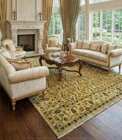 Traditional Hand-Knotted Wool Rug Rectangle - Beige Gold with Green Rust Earth Tones