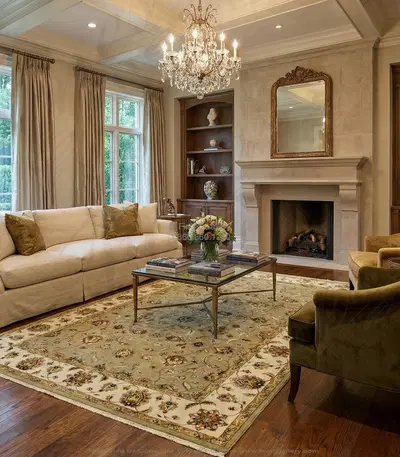 Soft Sage Green Hand Knotted Wool Rug with Raised Silk Traditional Pattern - Luxury Rectangle Area Rug