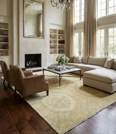 Hand Knotted Wool Rug Rectangle - Tone on Tone Gold - 9.8' x 13.9' Luxury Area Rug