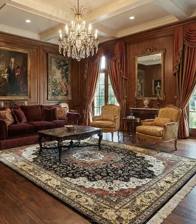 Hand Knotted Silk Rug Rectangle - Deep Indigo and Rich Salmon Luxury Area Rug