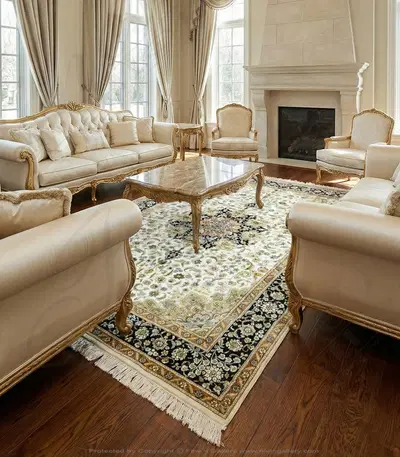 Hand Knotted Silk Rug Rectangle - Deep Indigo, Coral & Ivory Luxury Area Rug