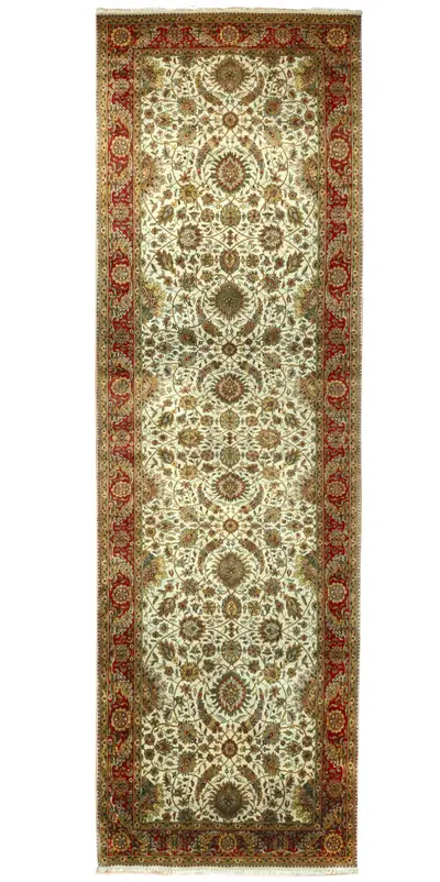 Hand Knotted Wool Traditional Runner Rug - Beige Field with Ruby Border - Mansion Size