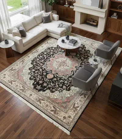 Hand Knotted Silk Traditional Medallion Rug - Indigo and Salmon Rectangle Area Rug