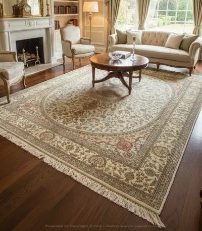 Luxury Hand-Knotted Silk Rug Rectangle - Ivory, Salmon, Coral with Yellow Border - Elegant Home Decor