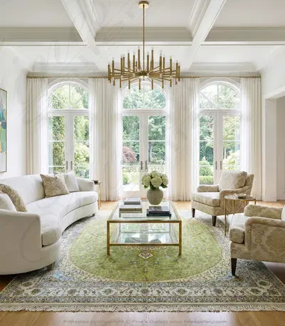 Hand Knotted Silk Rug Rectangle - Pale Lime Green & Turquoise with Ivory Border - Luxury Home Decor