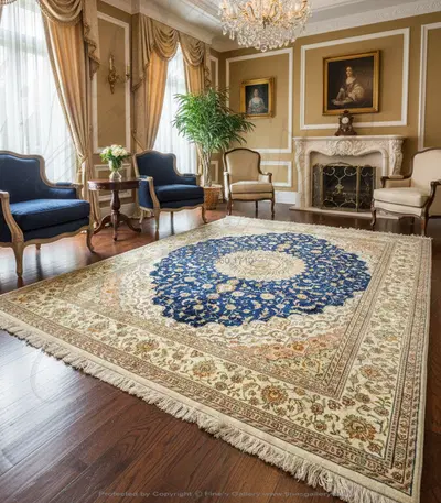 Royal Blue Hand Knotted Silk Rug Rectangle with Coral Accents and Ivory Border