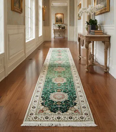 Silk Rug Runner - Elegant Green Ivory with Red Accents - Handcrafted Luxury Home Decor