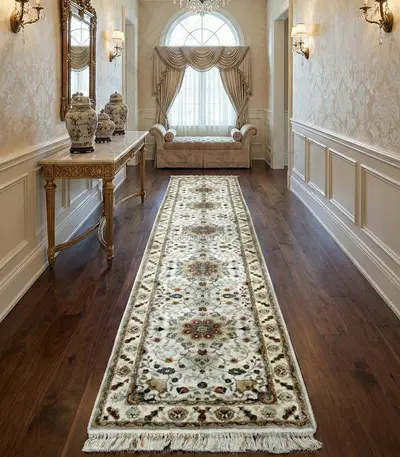 Ivory Silk Hand Knotted Runner Rug with Medallion Pattern - Elegant Hallway Carpet