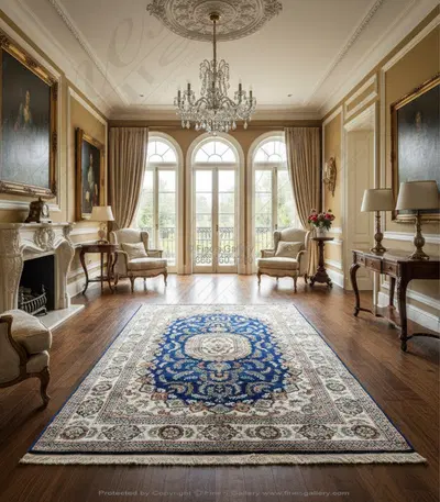 Royal Blue Ivory Hand Knotted Silk Rug with Red Coral Accents - Luxury Rectangle Area Rug
